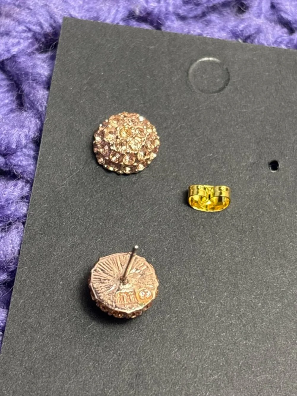 Rose Goldtone Champagne Rhinestone Pave Stud Earrings 3/8 inch